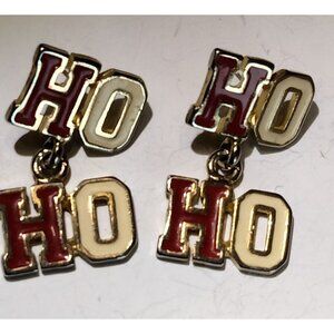 HO HO Christmas Earrings Dangle Drop Hook Red White Vintage Enamel